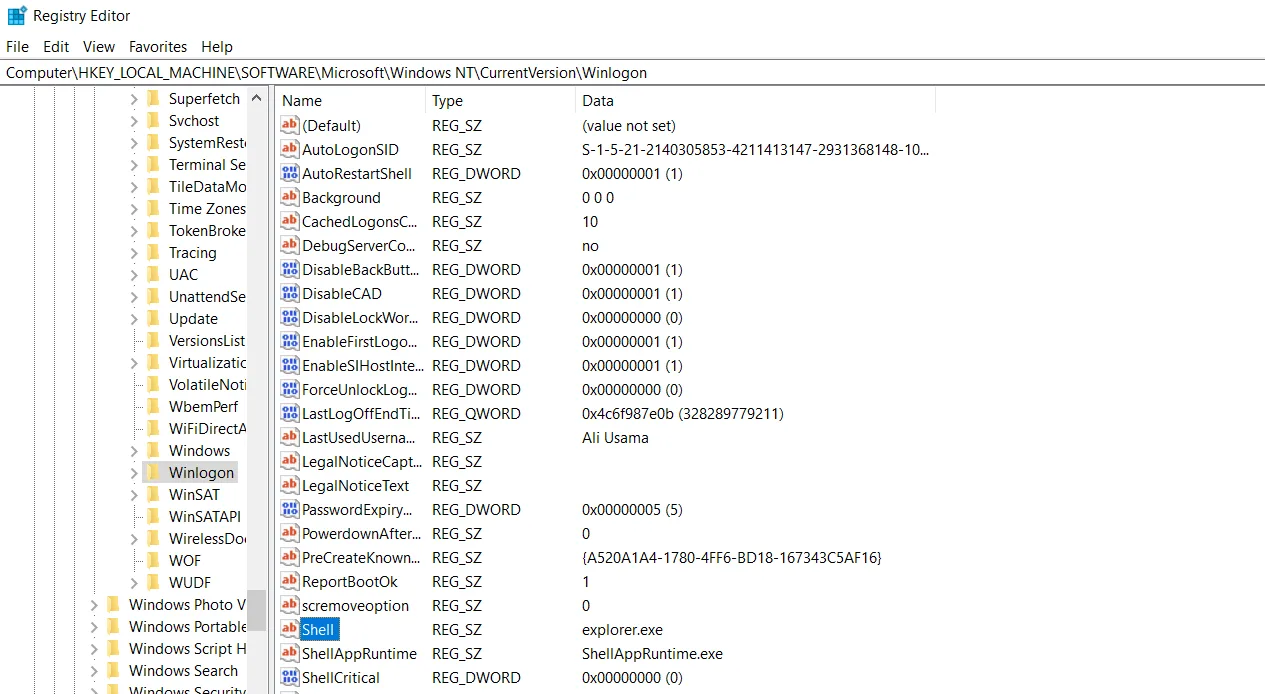 Registry Editor menu to edit registry