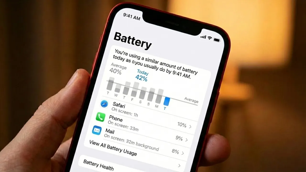 iPhone battery usage screen showing apps draining power stats.