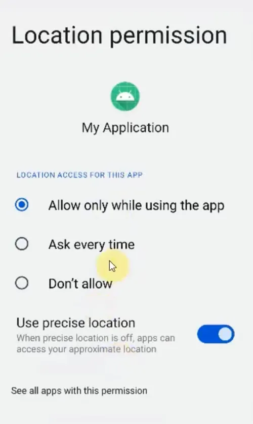 Android location permissions settings showing app access levels.
