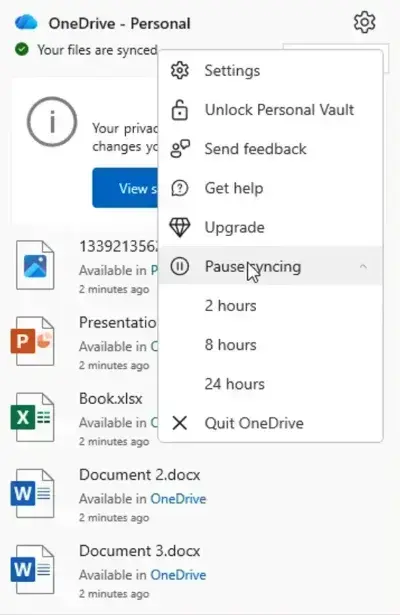 Click this Pause syncing and choose duration to turn off OneDrive.