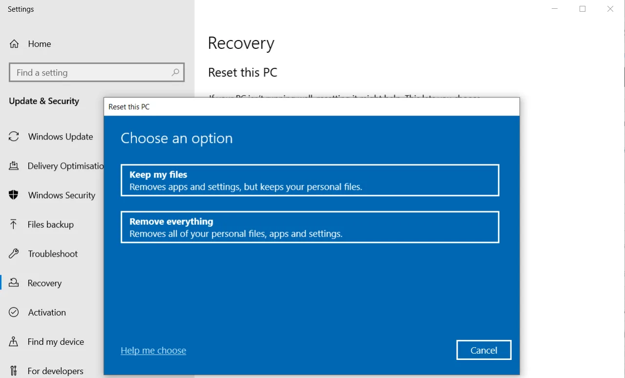 Windows reset screen with Reset This PC option.