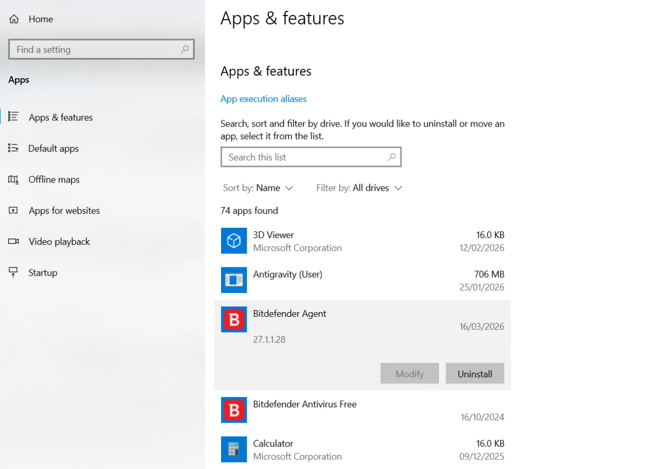Image showing uninstall apps process in Windows.