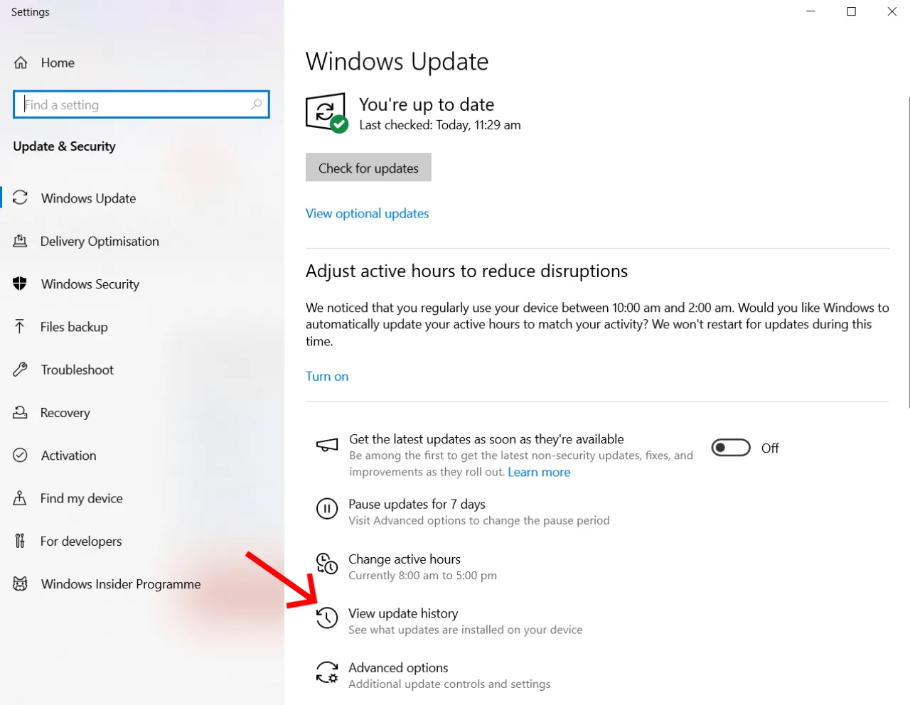 Click this view updates history in Updates section.
