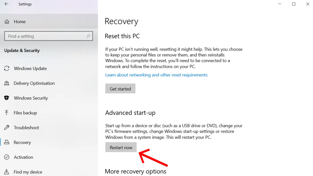 Windows Recovery section under Settings.