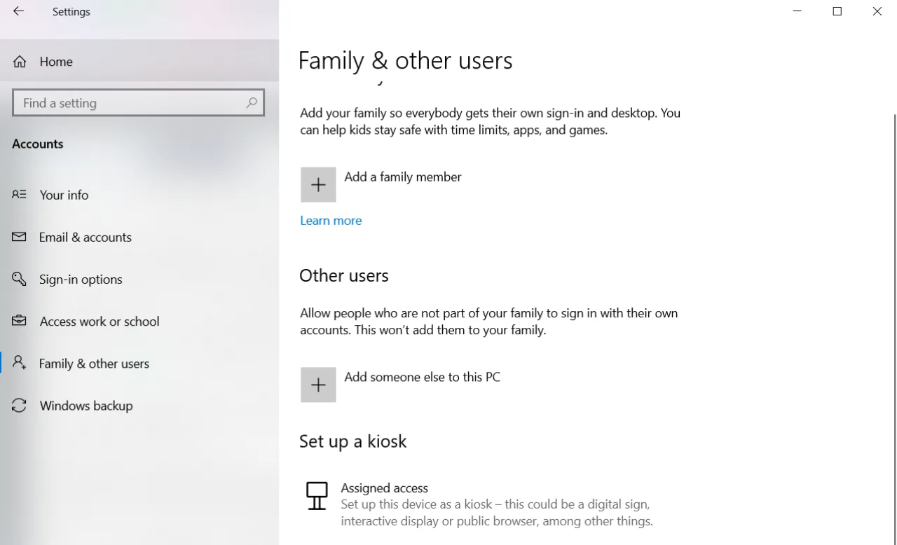 Administrator Access - Family and other users screen on Windows 10.