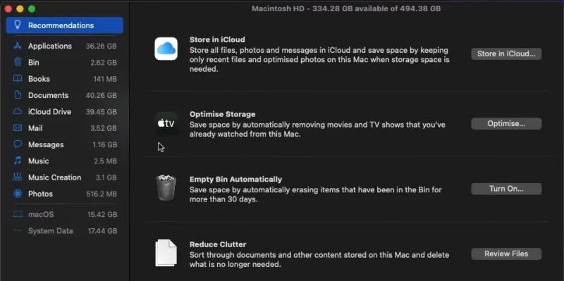 Apple storage recommendations shown on Mac screen.