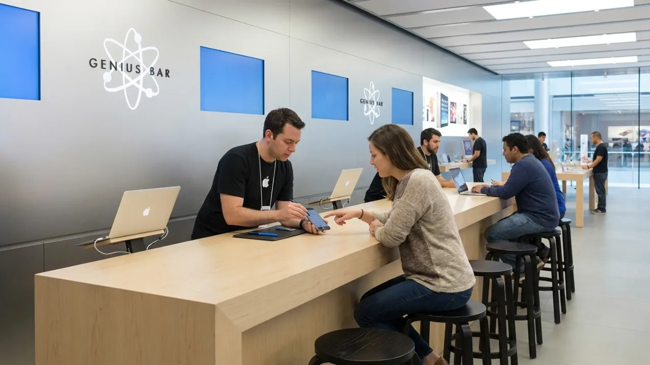 Apple store interior with Genius Bar, technician assisting customer with iPhone.