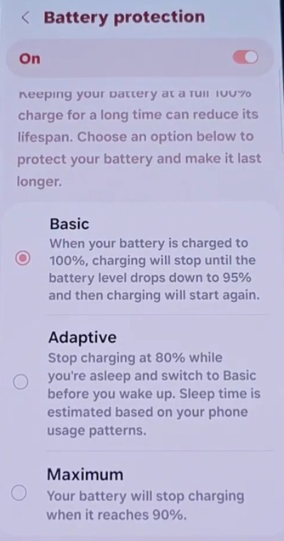 Battery protection option enabled on samsung galaxy.