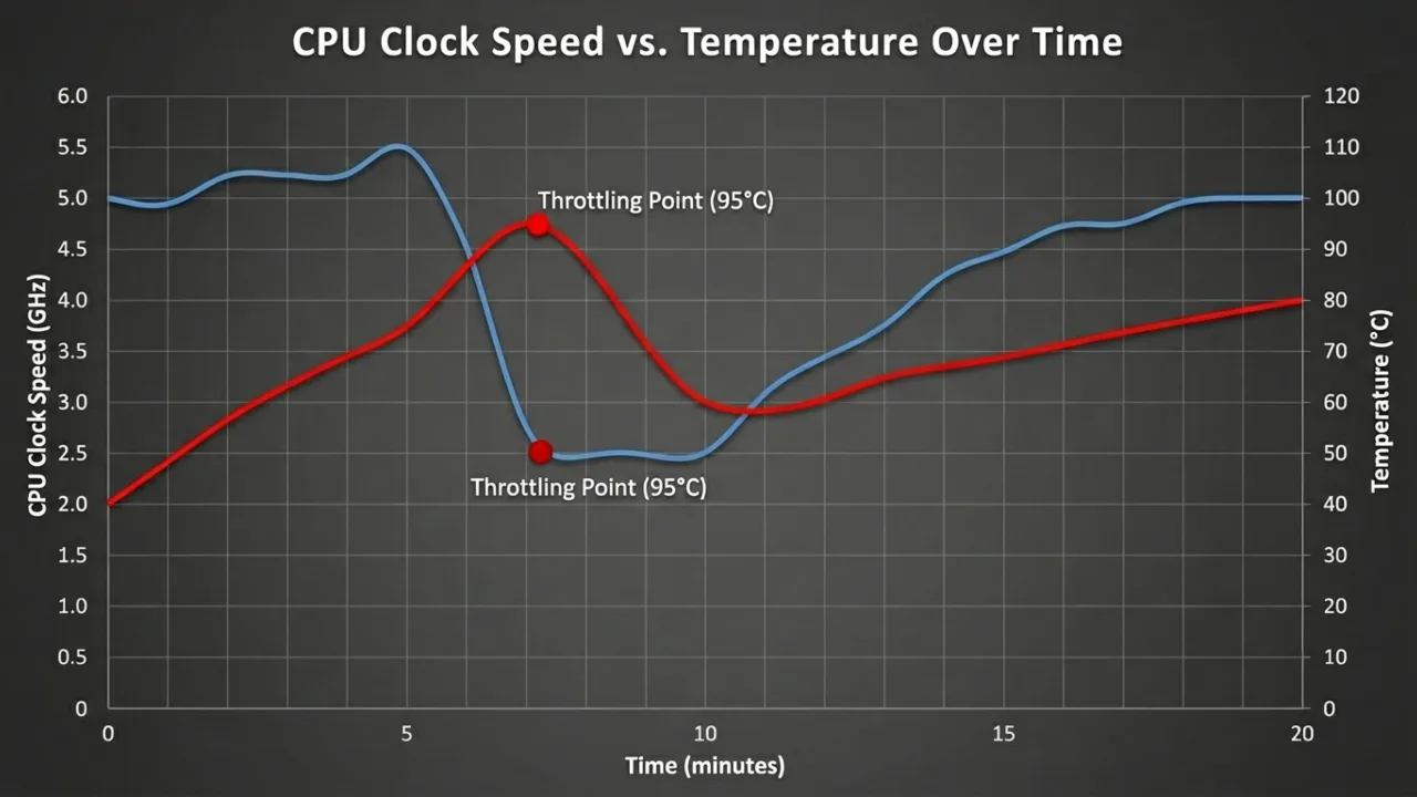 CPU clock speed graph showing dynamic frequency scaling and thermal throttling cycles over time.
