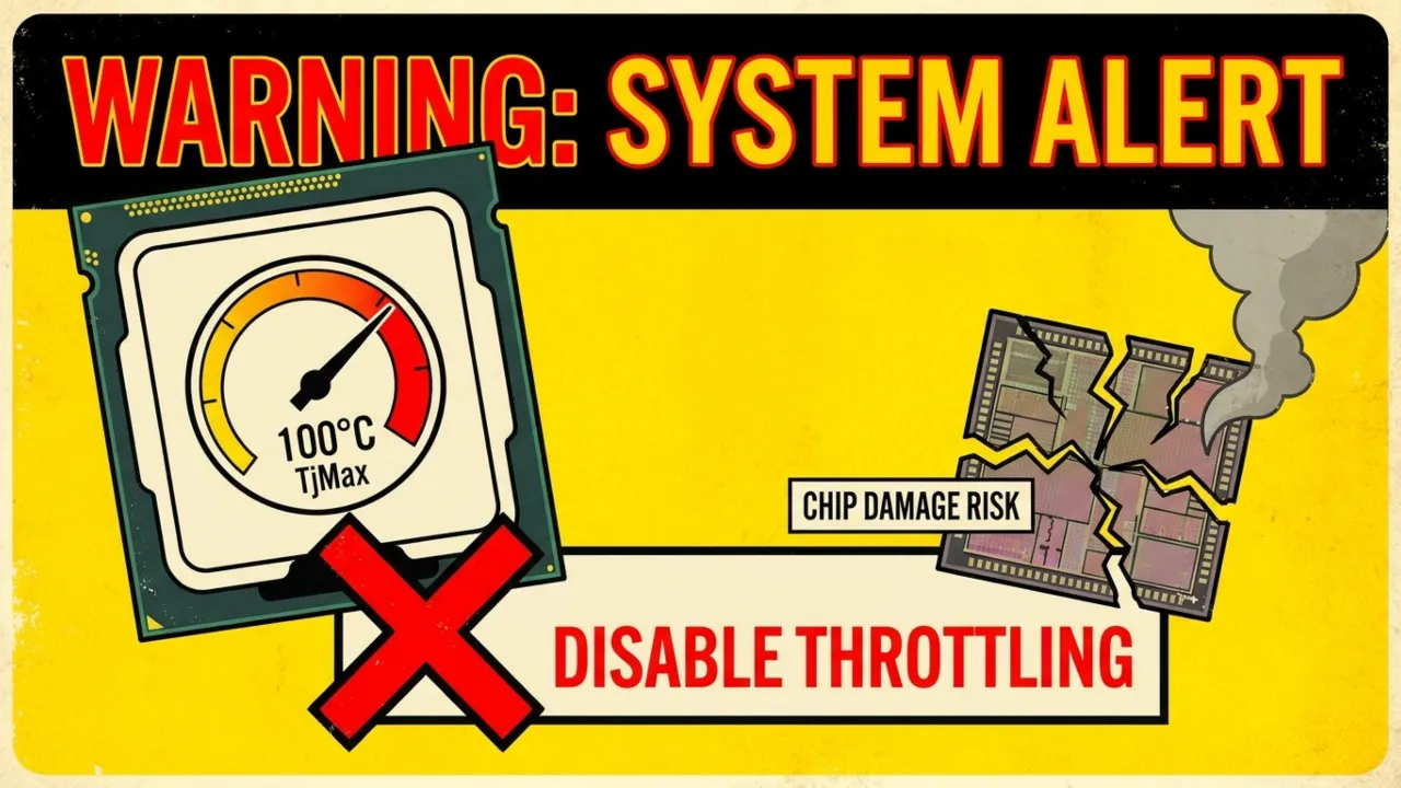 Warning graphic showing why disabling CPU thermal throttling protection can cause hardware damage.