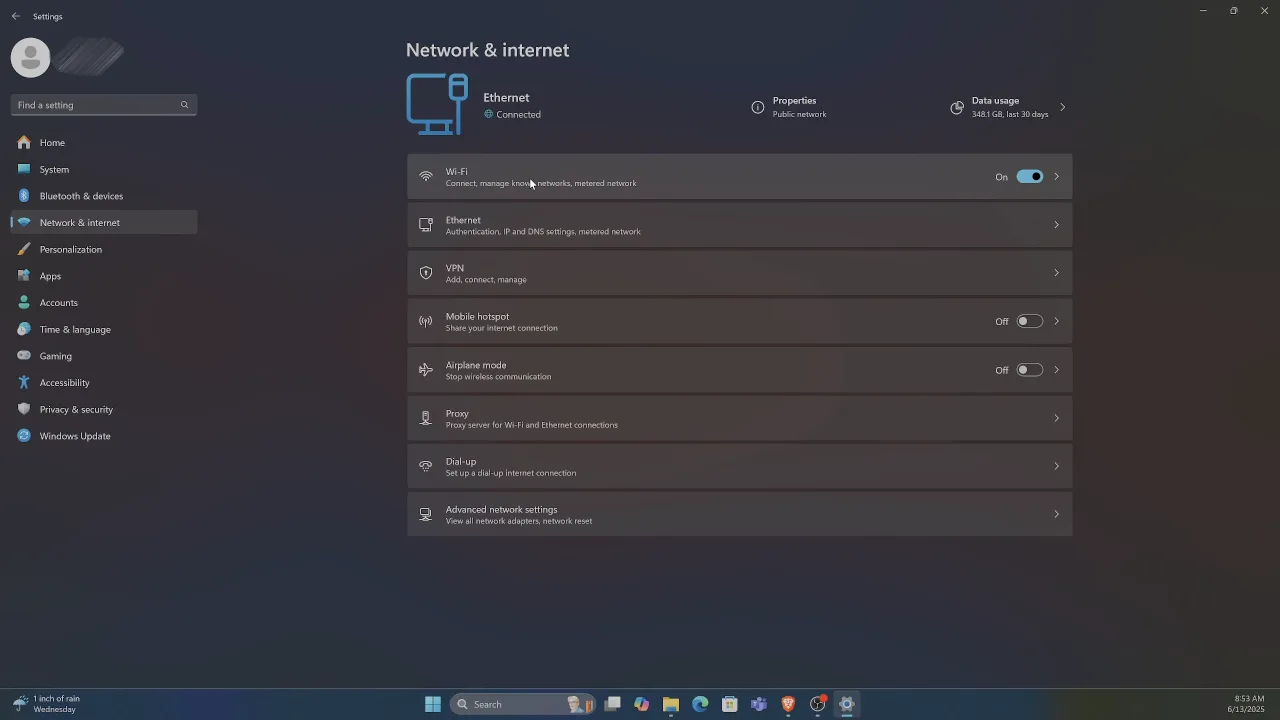 Network & internet settings on Windows 11.