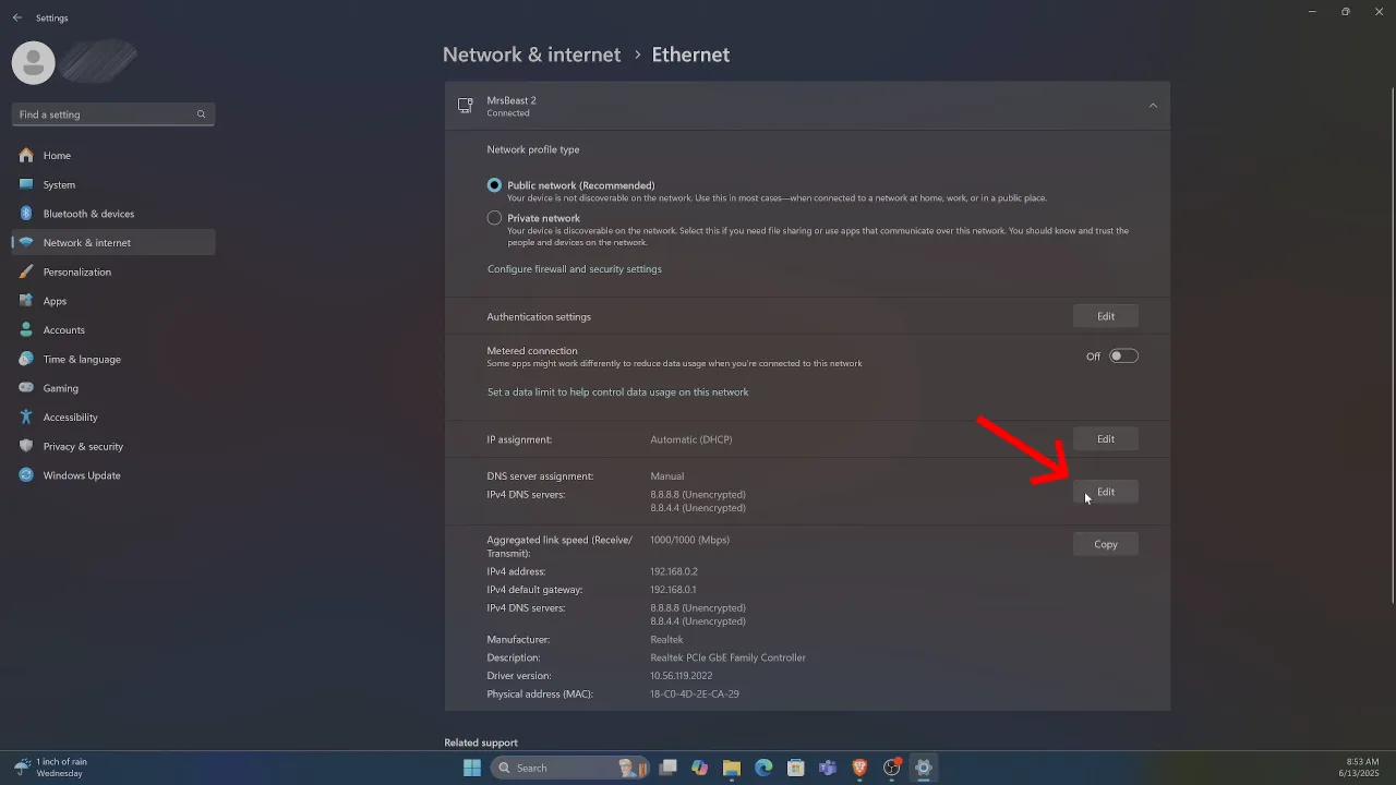 Click this Edit button next to DNS Server assignment.