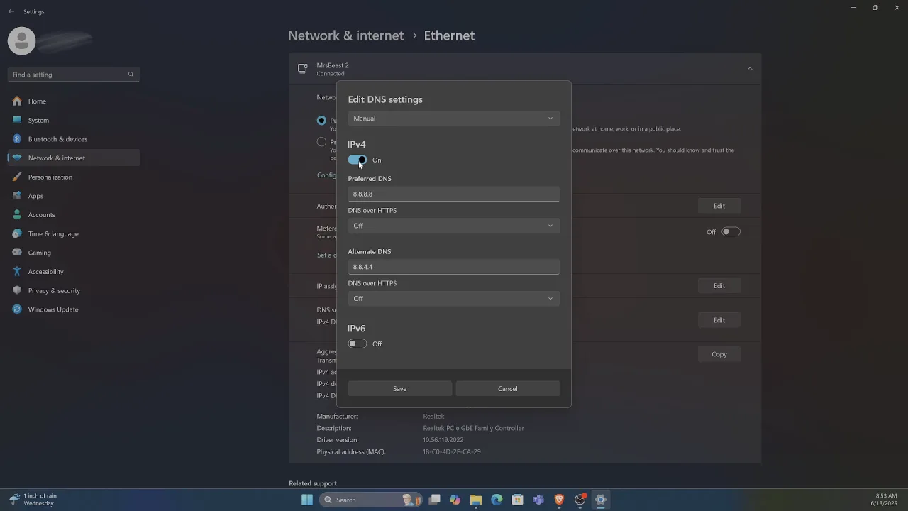 Pop-up screen to change DNS Server on Windows 11.