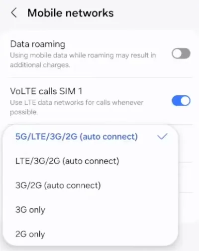 Preferred network type (4G/5G/LTE) settings screen.