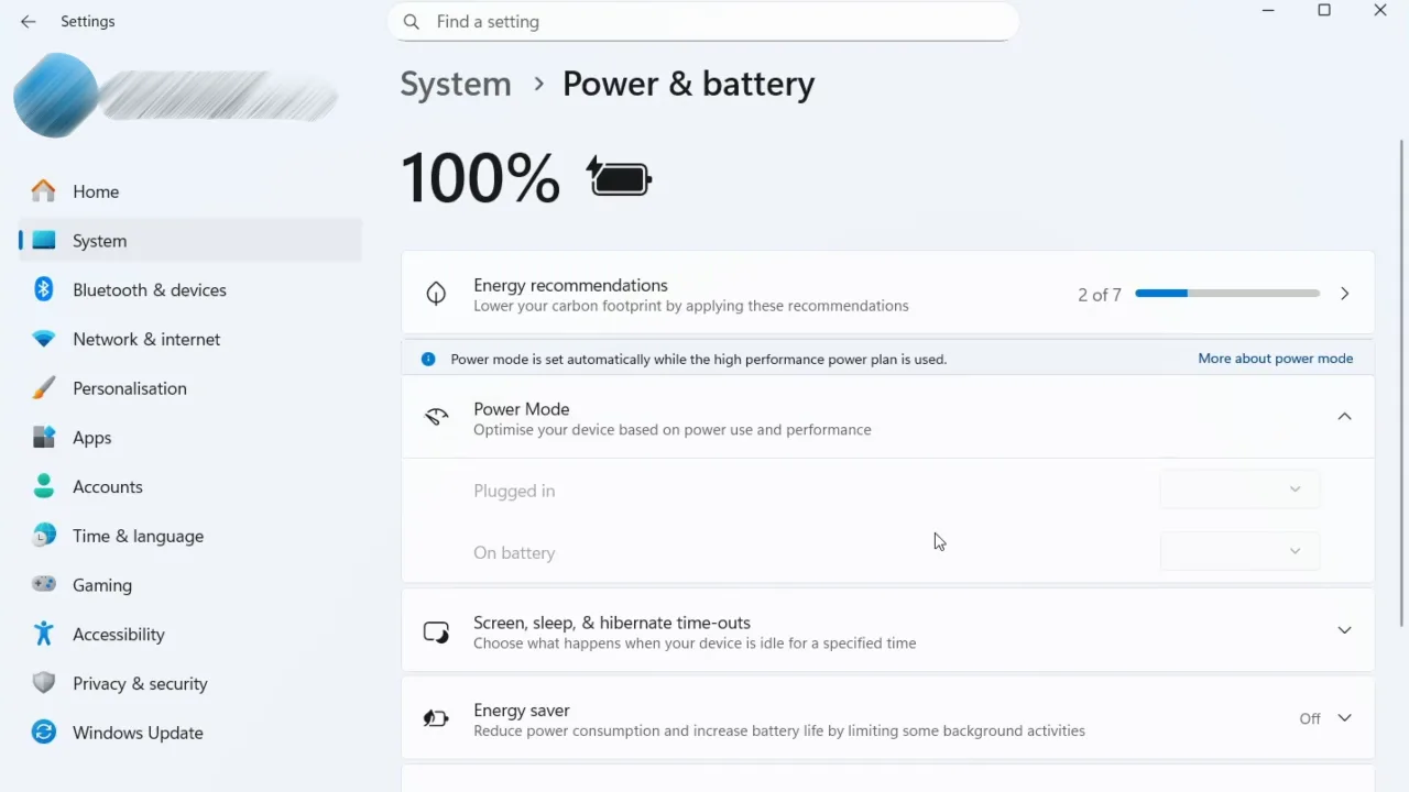 Power & battery menu to change Power Mode in Windows 11.