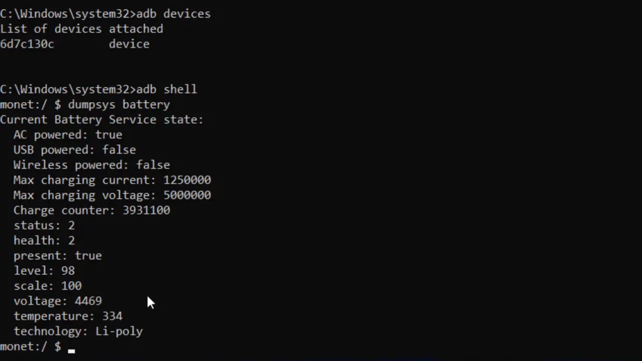 Android battery details including health status on PC via ADB commands in CMD.