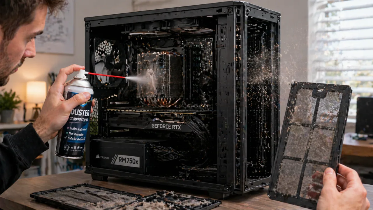 Cleaning desktop PC dust with compressed air targeting CPU heatsink and case filters.