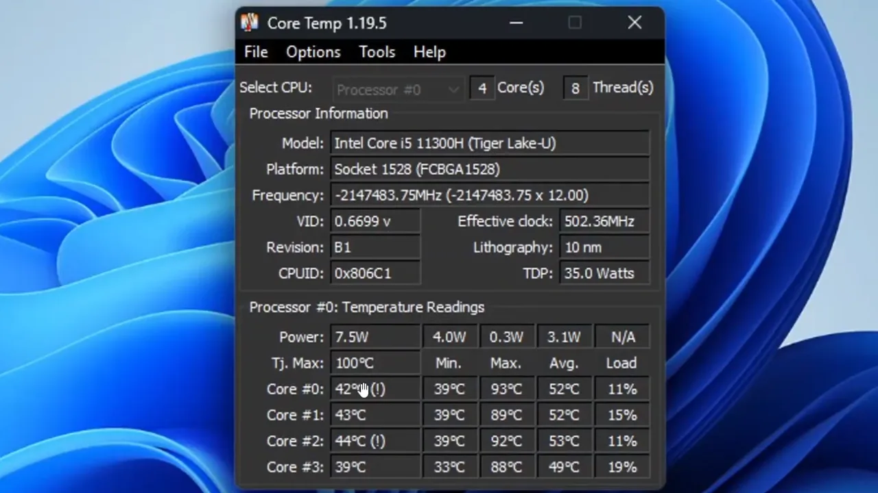 CPU Temperature Stats shown on Core Temp.