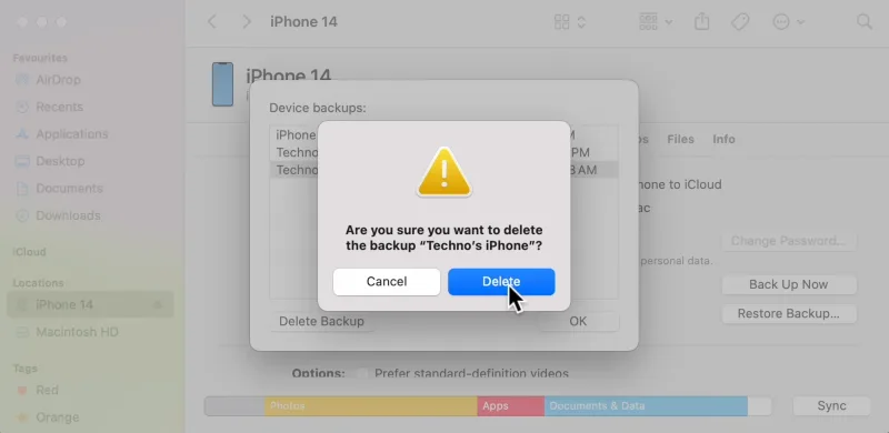 Prompt to Delete Old iPhone Backups on Mac.