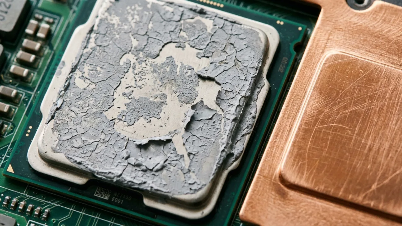 Laptop CPU die with old, cracked, chalky grey thermal paste spread unevenly across the surface.