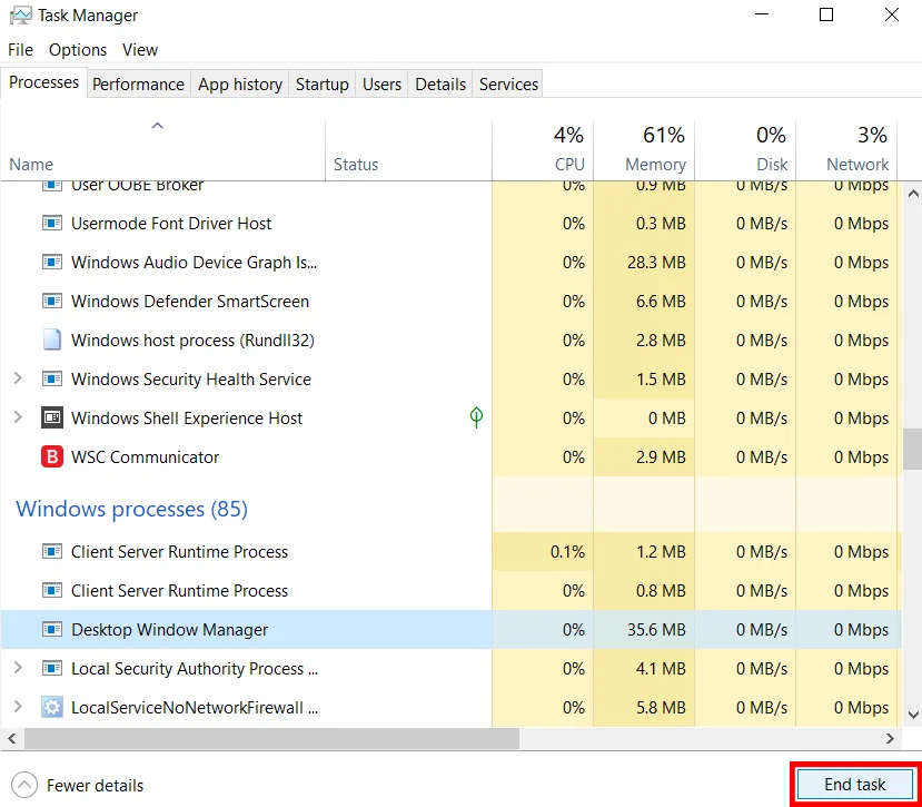 Task Manager screen showing how to end background tasks.