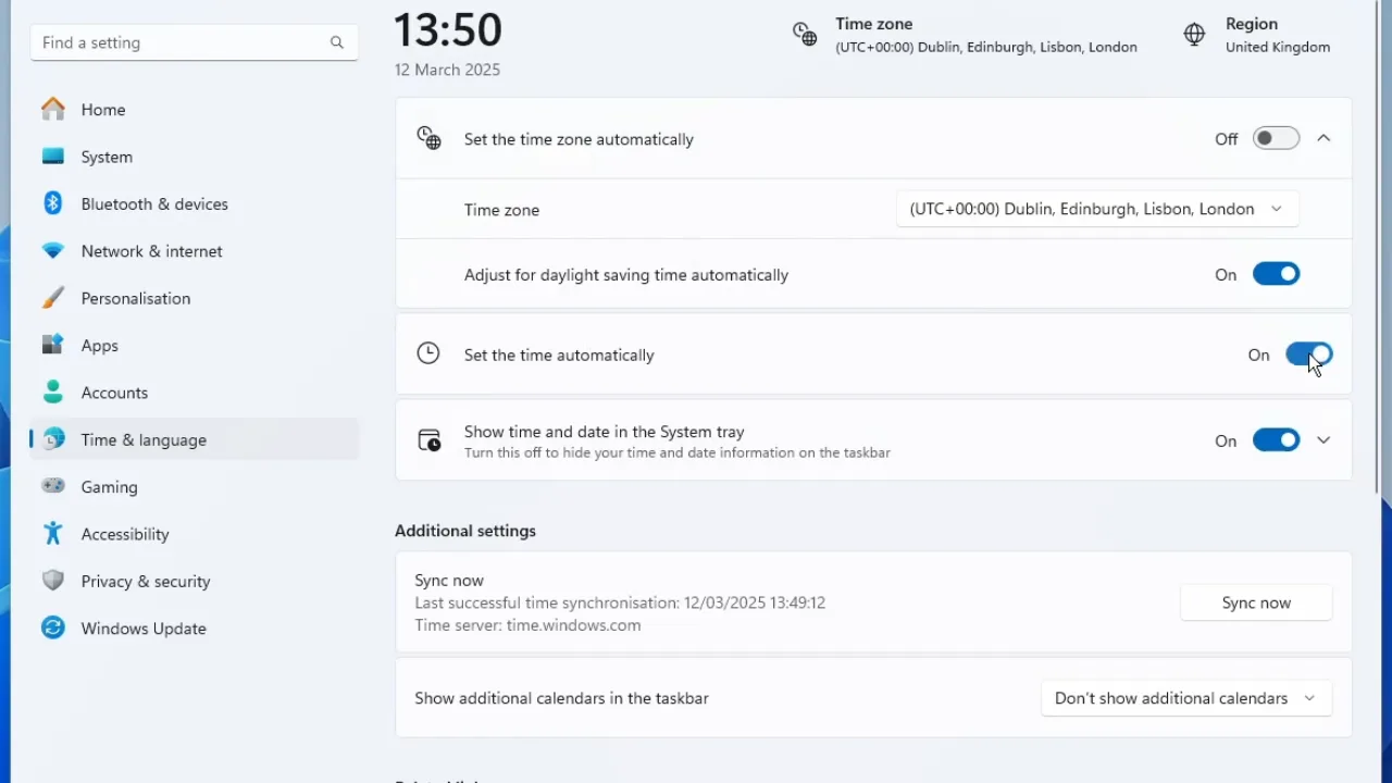 Date and Time Settings screen on Windows 11.