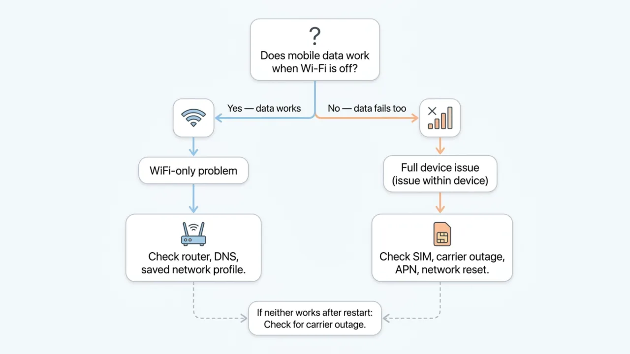 A simple two-path flowchart illustration — one branch for WiFi-only failure, one for full device failure.