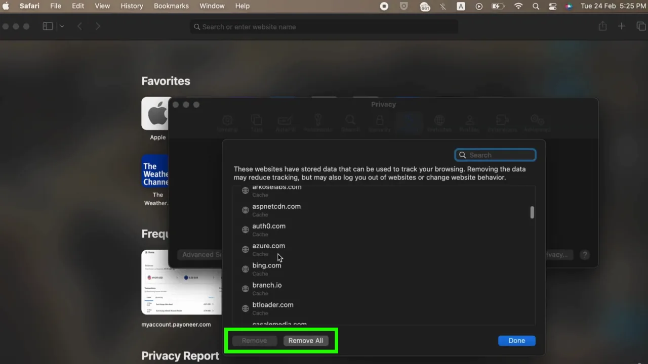 Screen to clear Safari cache on Mac.