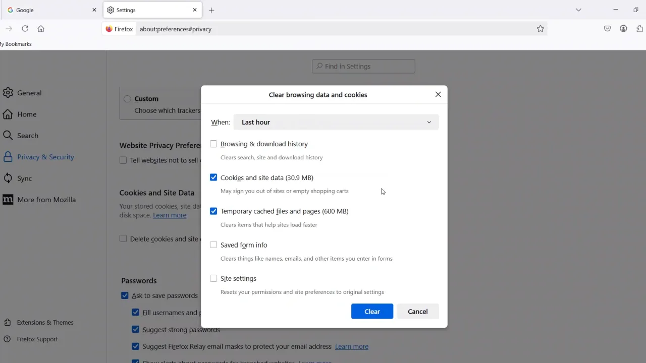 Popup windows shown to clear Firefox Cache on Mac.