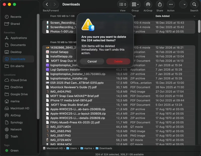 Downloads deletion prompt shown on Mac.