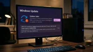 Windows Update failed error screen on desktop monitor showing update issue and retry option.