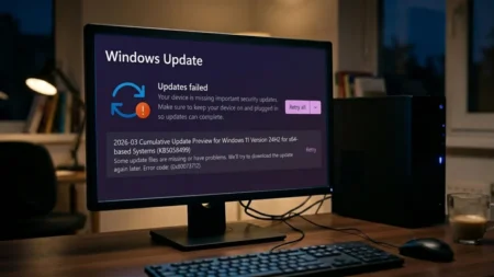 Windows Update failed error screen on desktop monitor showing update issue and retry option.