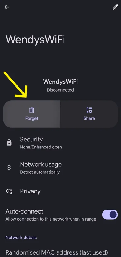 Wi-Fi network settings with “Forget” option.