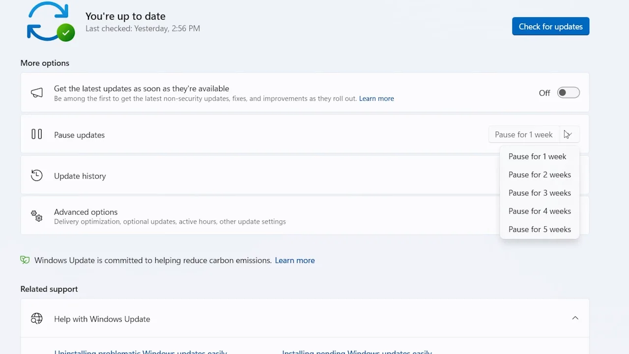 Windows Update screen showing how to pause updates on Win 11.