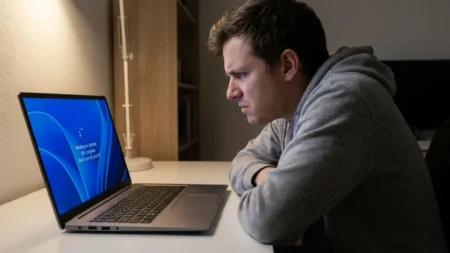 Windows 11 update screen with loading spinner and user waiting anxiously.