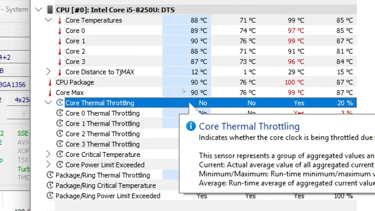 HWiNFO64 sensors window displaying thermal throttling and power limit throttling indicators.