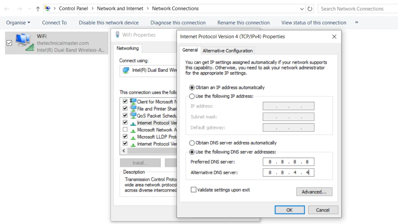 IPv4 pop-up screen to change DNS Server on Windows 10.
