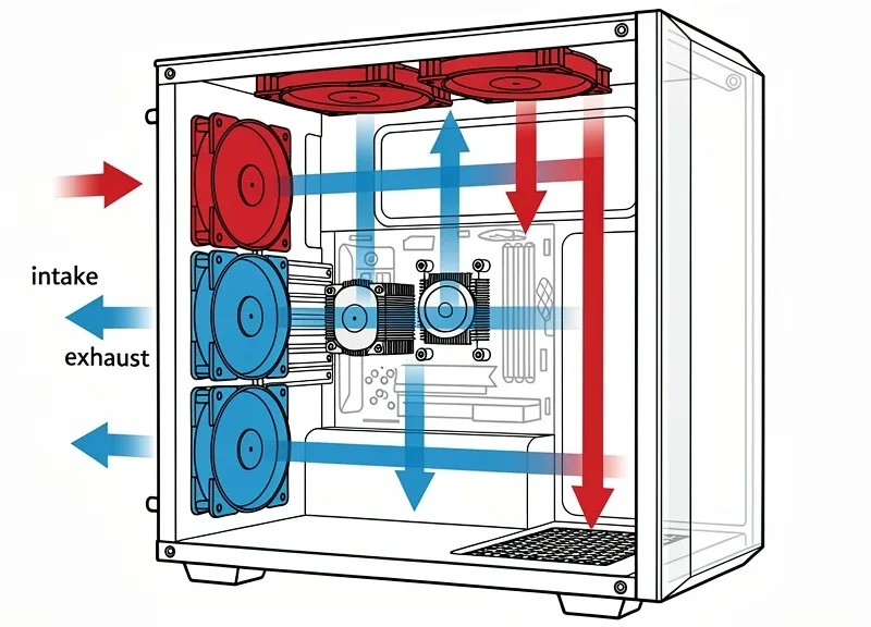 Optimal PC case fan configuration showing intake and exhaust airflow pattern.