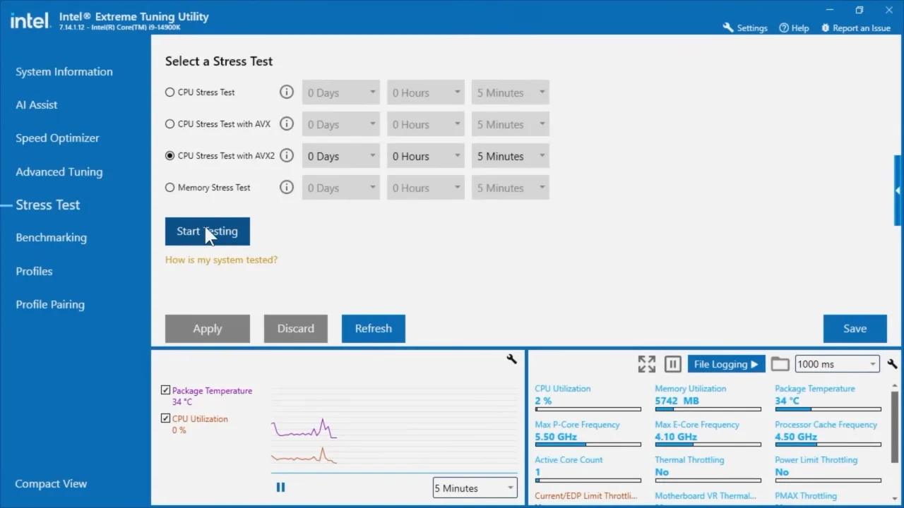 Intel XTU undervolting interface showing stress test.