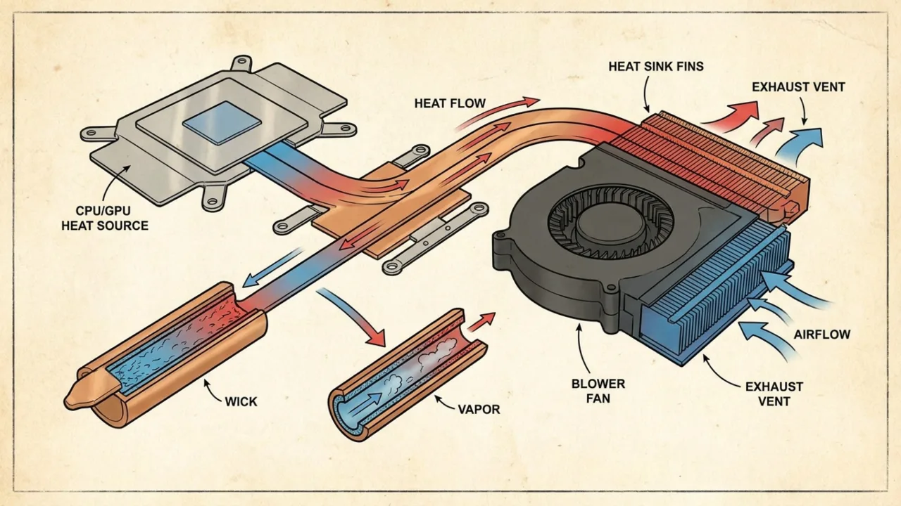 Diagram of laptop cooling system working with heat pipe and fan.
