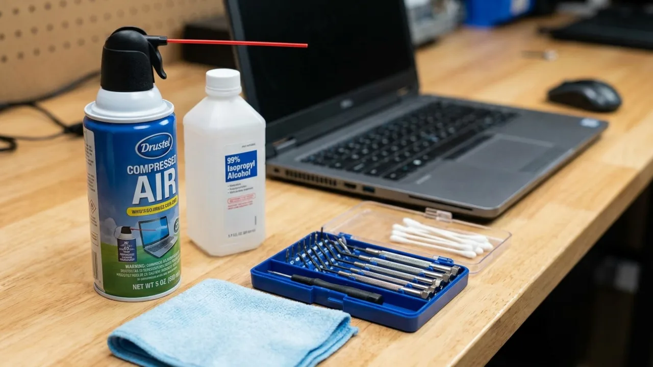 Laptop cleaning tools including compressed air isopropyl alcohol and screwdriver.