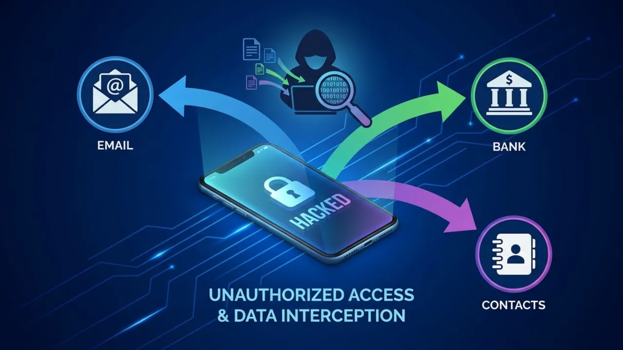 A smartphone displaying a phone hacked message on a dark background.