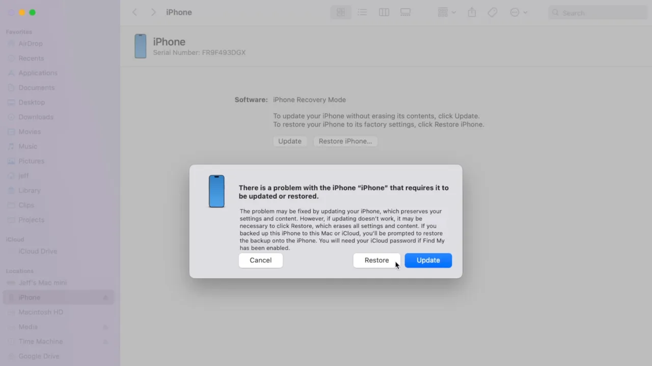 iPhone Recovery Mode screen on Mac.