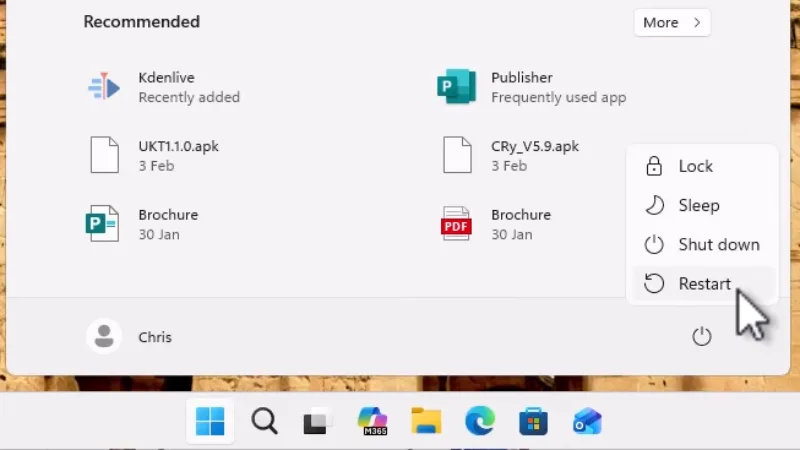 Restart option on Windows 11