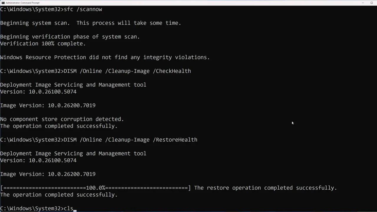 Image showing SFC and DISM commands successfully runned on Command Prompt.
