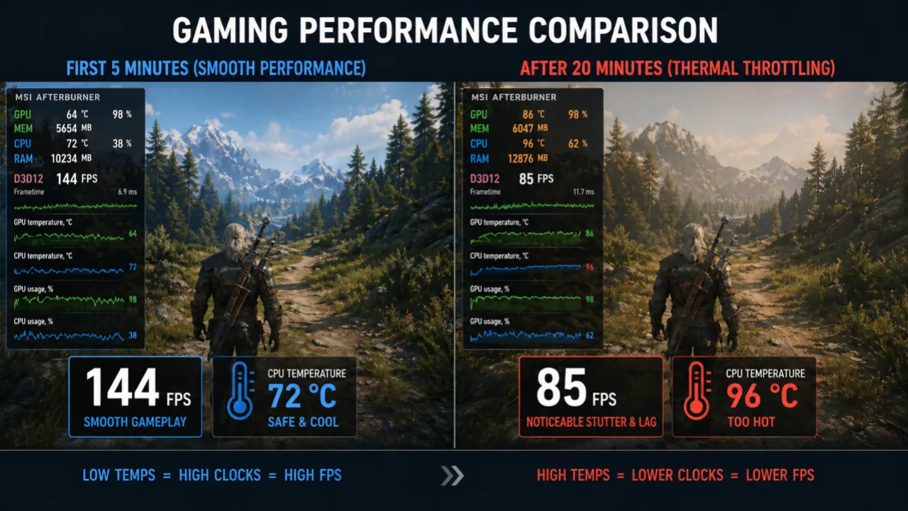 Gaming performance degradation showing FPS drop from thermal throttling after extended play