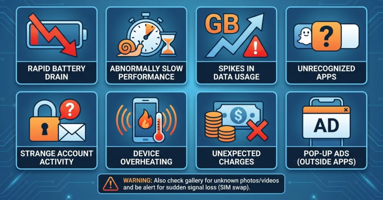 A compact infographic that visually lists key hacking signs for phone.