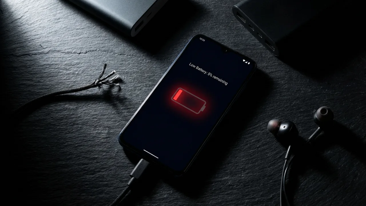 Flat lay of an Android smartphone on a dark surface with a glowing battery icon overlay, low battery warning visible on screen.