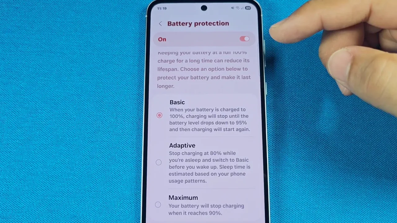 Android phone settings screen showing battery protection enabled.
