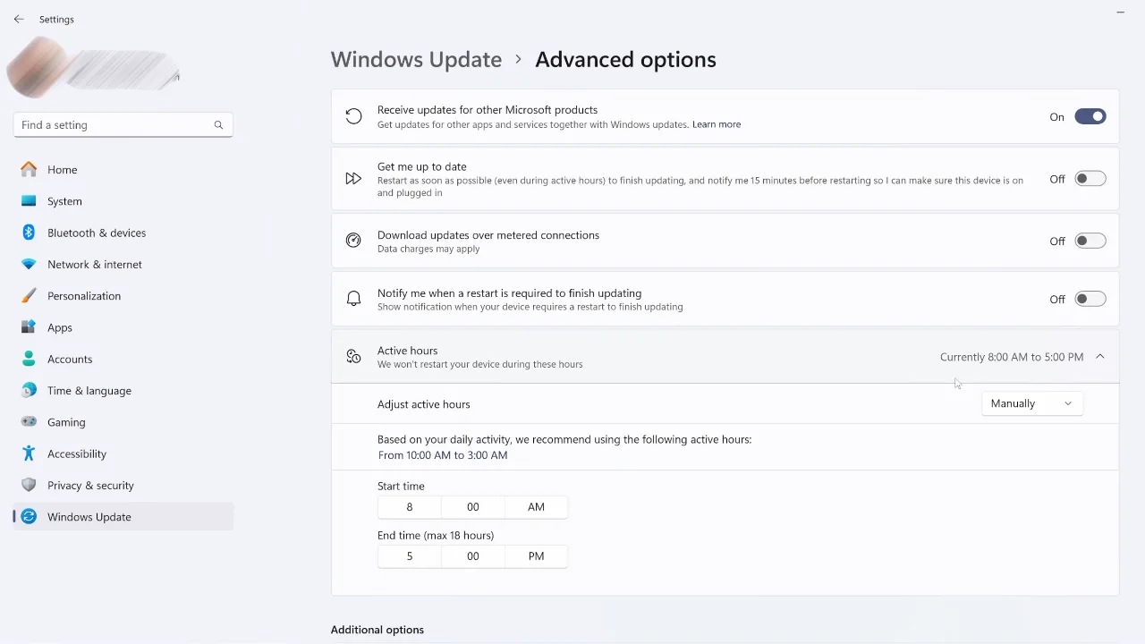 Windows 11 - Set up active hours to prevent auto restart for updates.